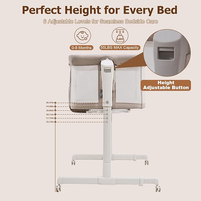 Baby Bassinet Bedside Sleeper 3-in-1, Easy Night Feeding with One-Side Fold & Rolling Wheels, Breathable Mesh, 6-Height Adjustable, Soft Mattress for Newborns