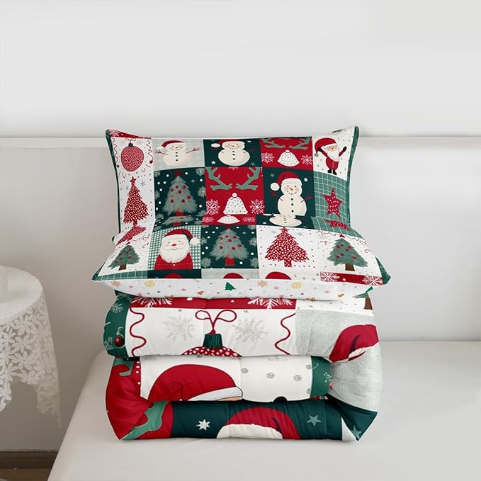 Feelyou Merry Christmas Comforter Set All Season Xmas Tree Snowman Bedding Set with 2 Pillow Cases Santa Claus Microfiber Kids King Bedclothes Patchwork Bedroom Decor Duvet Quilt Breathable Soft
