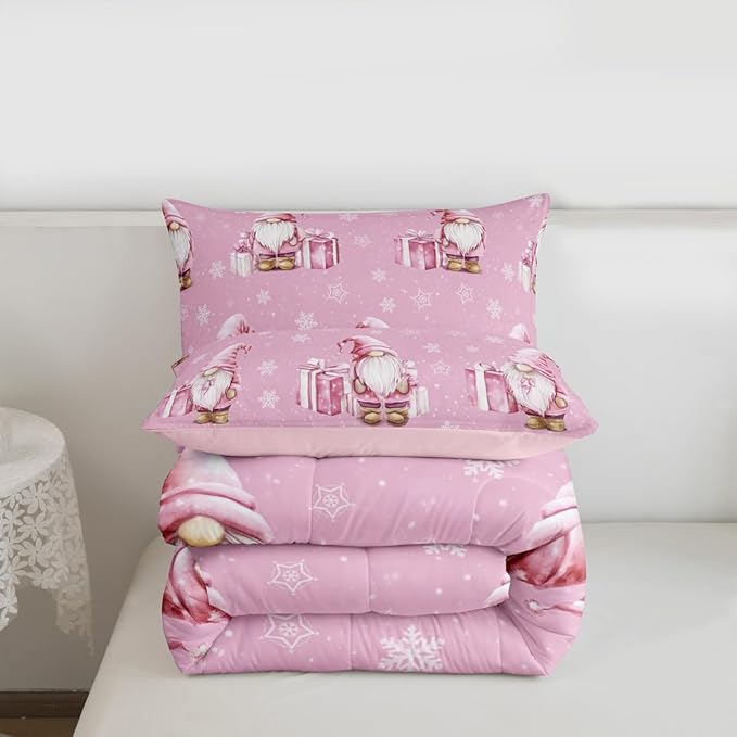 Feelyou Pink Christmas Bedding Set Soft for Boys Girls, Scandinavian Christmas Santa Gnomes Comforter Set Toddler Size Xmas Snowflake Duvet Quilt Bedroom Decor 2 Pcs with 1 Pillow Cases