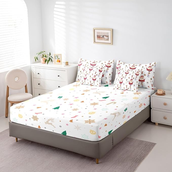 Feelyou Christmas Bed Set Cute Snowman Santa Claus Kids Decorations Bed in a Bag Boys Girls Bear Rabbit Comforter Set with Sheets Christmas Bells Design White Bedding Set Bedding Queen Size