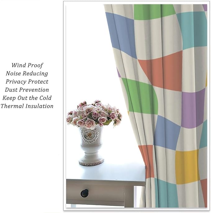 Checkered Curtains,70s Vintage Twisted Checkered Window Drapes Colorful Groovy Trendy Wavy Hippie Grid Print Window Treatments for Kids Girls Bedroom Living Room Bathroom 42" W X 54" L