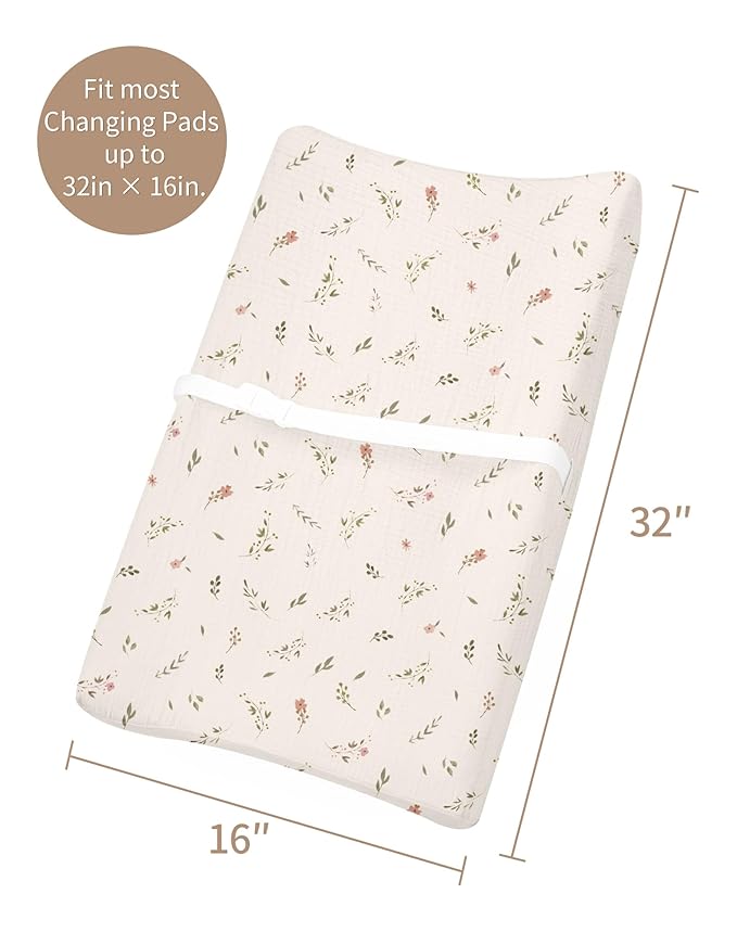 Changing Pad Cover for Baby Boy Girl 2 Pack, Muslin Changing Table Pad Covers with Boho Style, Neutral Nursery Bedding Essentials Soft and Breathable(Petal Leaf & Pink)