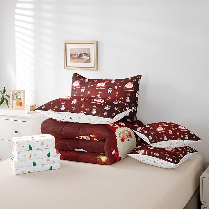 Christmas Kids Bed Set Cute Snowman Santa Claus Decorations Bed in a Bag Boys Girls Bear Rabbit Comforter Set with Sheets Christmas Bells Cartoon Design Bedding Set Bedroom Collection Queen Size