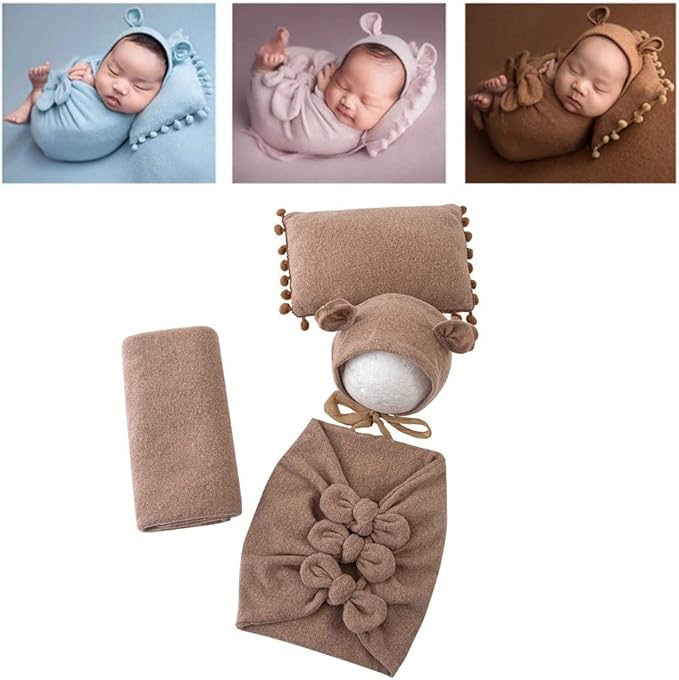 Vemonllas Newborn Baby Boy Girl Photography Props Bow Wrap, Posing Aid, Hat and Blanket Set of 4 Pcs
