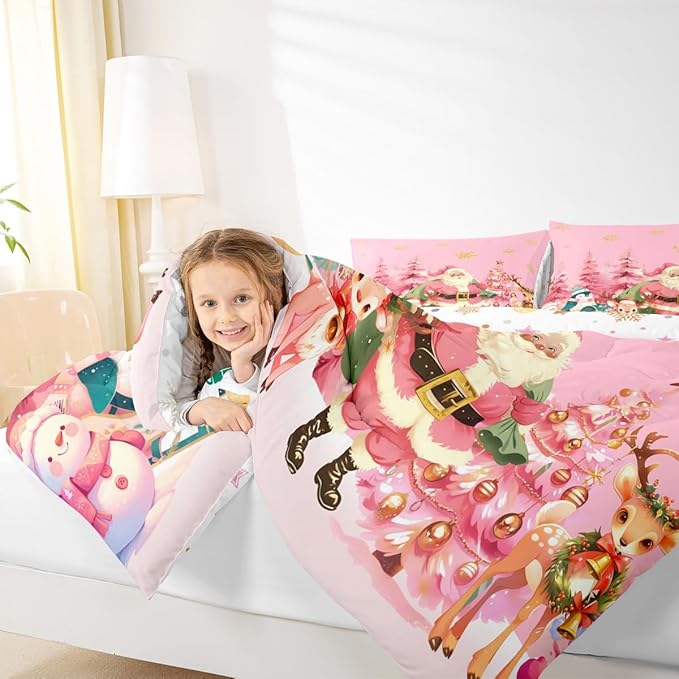 jejeloiu Merry Christmas Comforter Set Full Size Santa Claus Bedding Set for Kids Boys Girls Cute Deer Duvet Quilt Pink Bedroom Decor