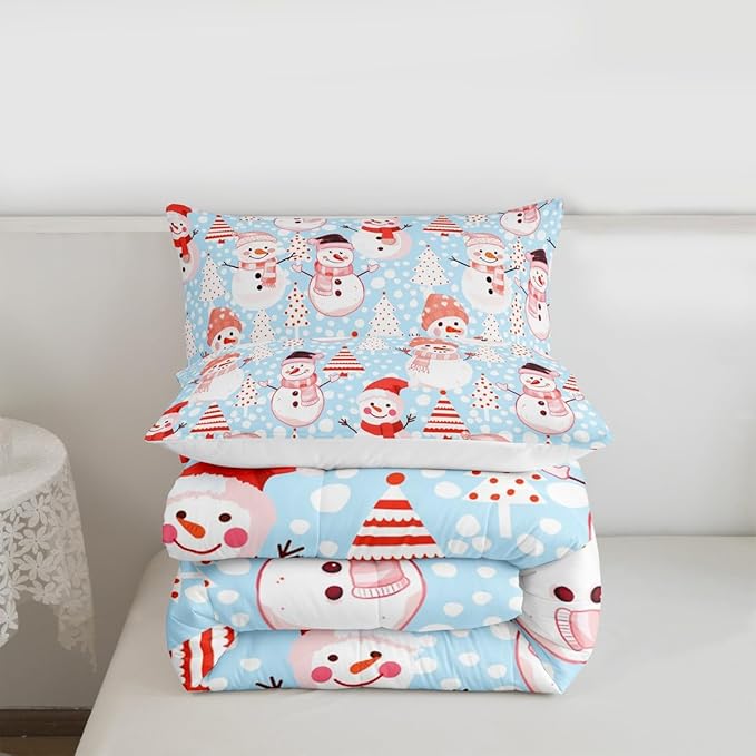 Manfei Christmas Comforter Set Twin Size, Snowman and Xmas Trees Bedding Set 2pcs for Kids Girls Adults Bedroom Decor, New Year Blue Down Comforter Soft Polyester Quilt Set with 1 Pillowcase