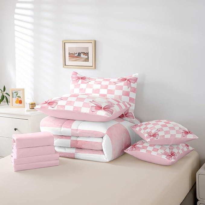 7 Pieces Pink Bowknot Kids Comforter Twin,Geometric Grid Checkered Patchwork Fashion Bedding Set,Bow Tie Knot Princess Chic Unique（Comforter+Fitted+Flat Sheet+2 Pillowcases+2 Throw Pillow Covers）