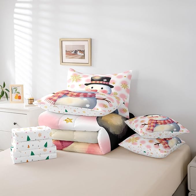 Feelyou Kids Merry Christmas Decorations Queen Size Bed Set Xmas Snowman Bed in a Bag Pink Bedding Set Soft Warm Lightweight Comforter Set with Sheets