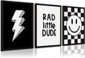 Boys Room Wall Art Decor Toddler Nursery Canvas Wall Art Baby Kids Wall Decor Black Checkered Smiley Poster Pictures Retro Playroom Rad Little Dud Art Prints for Bedroom 12x16x3 Inch Wood Framed