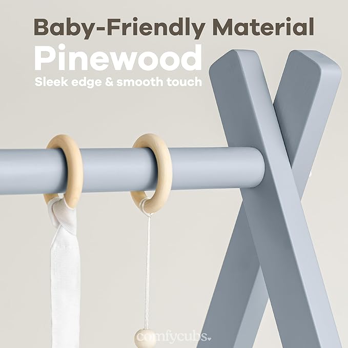 Comfy Cubs Wooden Baby Play Gym - Natural Finish Pinewood Baby Activity Gym with 5 Sensory Hanging Toys - Easy No-Tool Assembly, Safe and Durable for Infant Motor and Visual Development - Pacific Blue