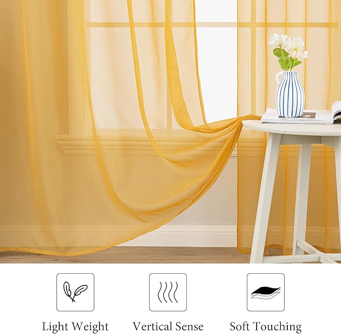 MIULEE 2 Panels Solid Color Sheer Window Curtains Elegant Window Voile Fall Panels/Drapes/Treatment for Bedroom Living Room (54X63 Inches Gold)
