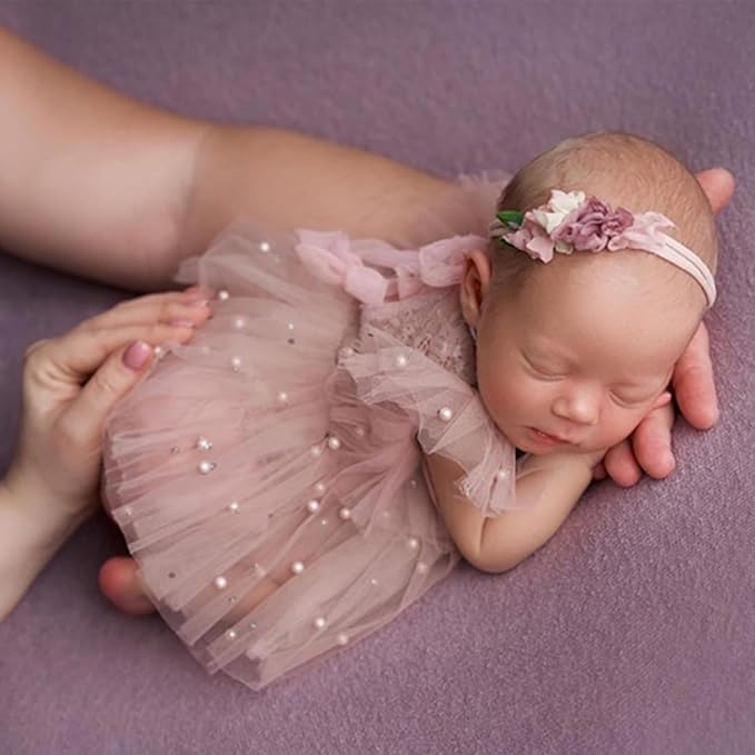 Newborn Lace Romper, 2 PCS Baby Girl Photography Props, Newborn Girl Photography Outfits with Flower Headband for Infants