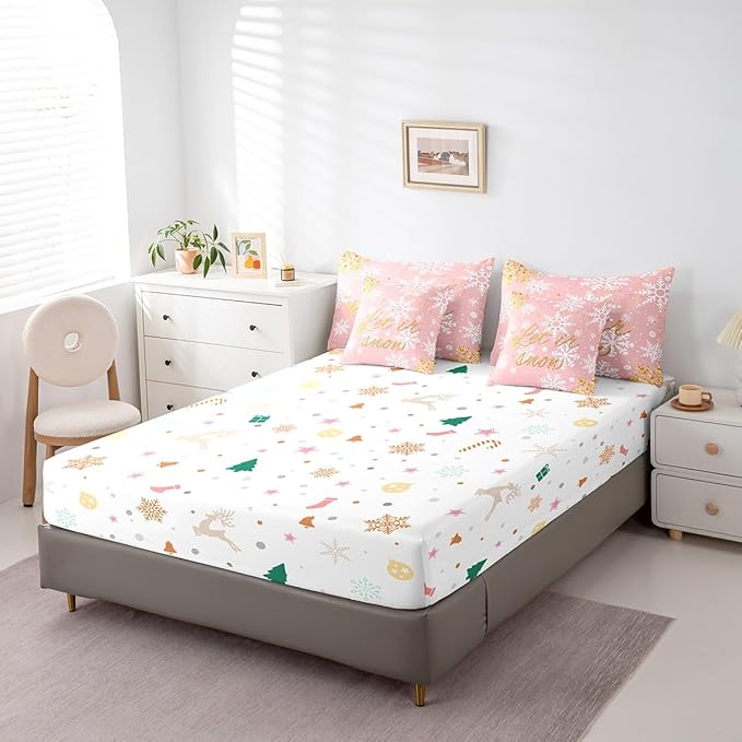 Feelyou Christmas Bed Set Snowflakes Bed in a Bag for Kids Girls Boys Pink Bedding Set King Size Glitter Star Comforter Set with Sheets Lightweight Room Decor