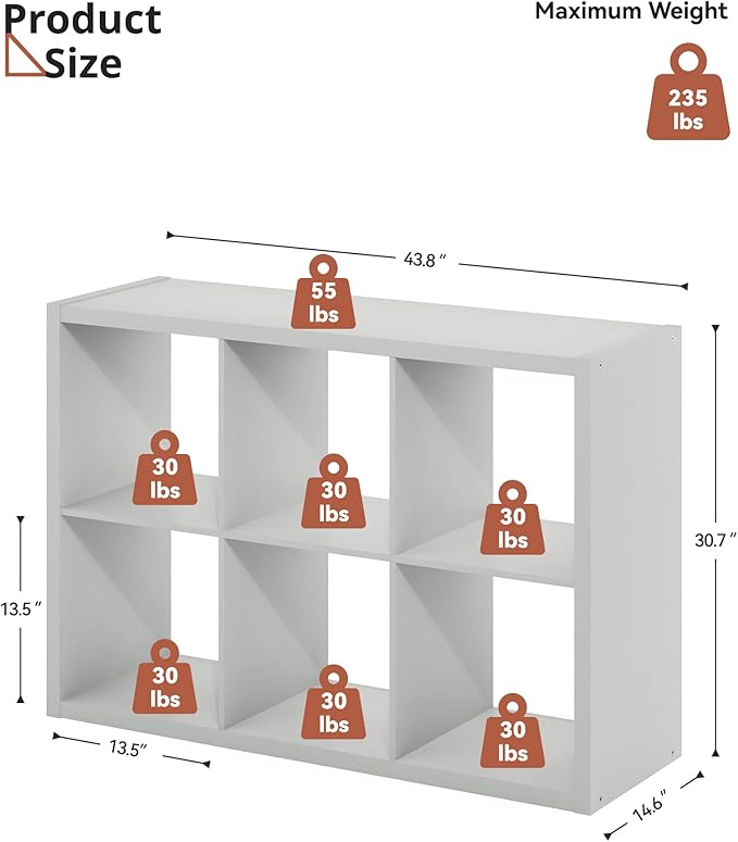 14.6 * 43.8 * 30.7 inches 2x3 Cube Storage Book Shelf, Engineered Wood 6 Cube Closet Organizer with Open Shelves, Wooden Storage Cubes for Bedroom, Bathroom, Office, Light Gray