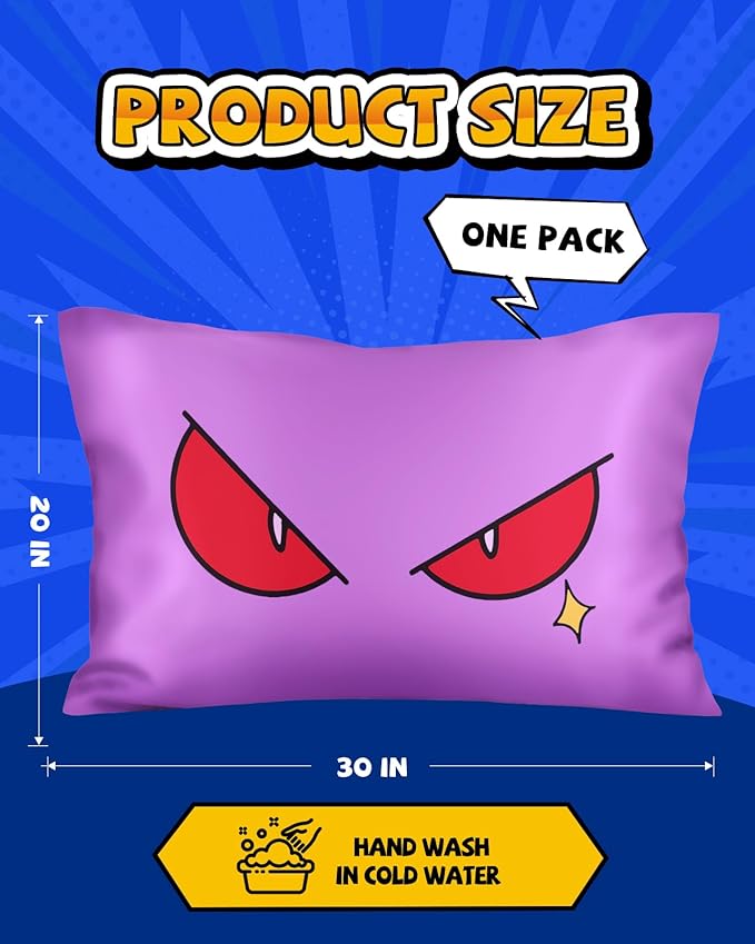 Silk Pillowcase for Kids - 30 x 20 Inches Queen Size Mulberry Silk Pillow Case with Zipper Cute Cartoon Kawaii Teens Girls Boys Pillowcase for Hair and Skin, Red Eye