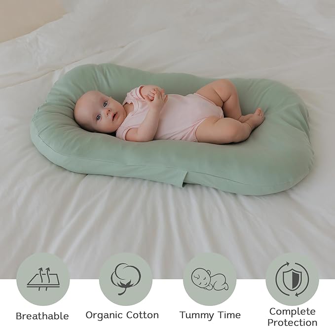 Aila + Aiden Baby Lounger | Organic Cotton Infant Lounger | Adjustable & Portable Floor Lounger | Supervised Use | Soft, Breathable, Washable Cover - Snuggle Collection - (Sage)