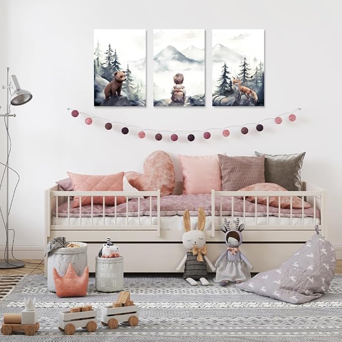 Baby Boy with Animals Adventure Nursery Decor, Adventure Toddler Decor, Watercolor Woodland Forest Nursery Wall Decor for Boy's Bedroom, Outdoor Children's Room Decor Print, Framed Set of 3, 16"x24"