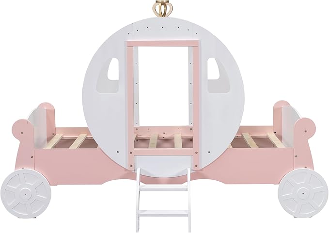 Twin Size Princess Carriage Bed Frame for Boys Girls Kids Toddler with Crown, Wood Platform Car Bed with Stair, White+Pink