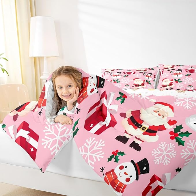 jejeloiu Merry Christmas Comforter Set Twin Size Xmas Santa Claus Bedding Set for Kids Boys Girls Cute Snowman Duvet Quilt Pink Bedroom Decor