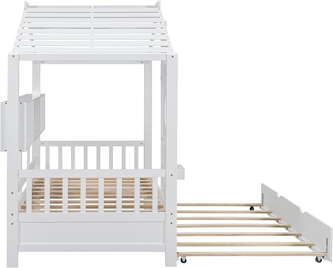 Bellemave Twin Size House Bed with Trundle for Kids,Twin Kids Bed Frame with Storage Shelves,Solid Wood House Bed Frame for Girls,Boys,Can be Decorated,White
