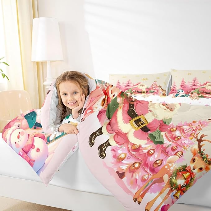 jejeloiu Merry Christmas Comforter Set Queen Size Santa Claus Bedding Set for Kids Boys Girls Cute Deer Duvet Quilt Beige Bedroom Decor