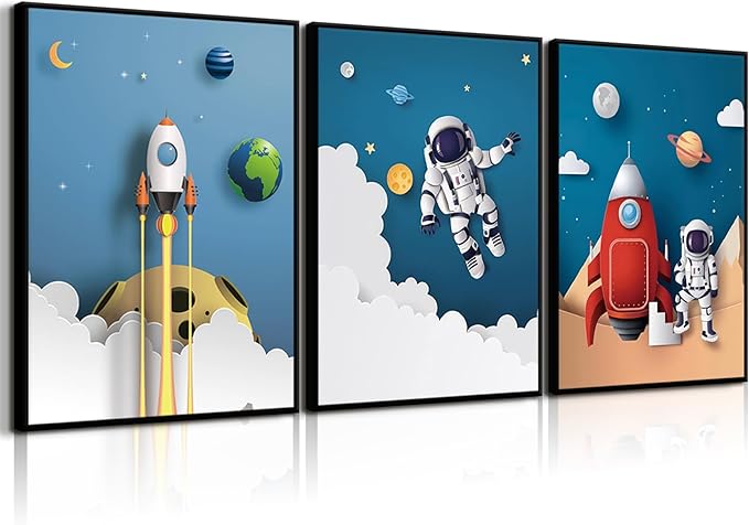 3Pcs Astronaut Canvas Wall Art Nursery Space Adventure Wall Decor Whimsical Space Themed Posters Artwork Rocket Spaceship Prints Pictures for Kids Room Boys and Girls Bedroom (12x16in Poster)