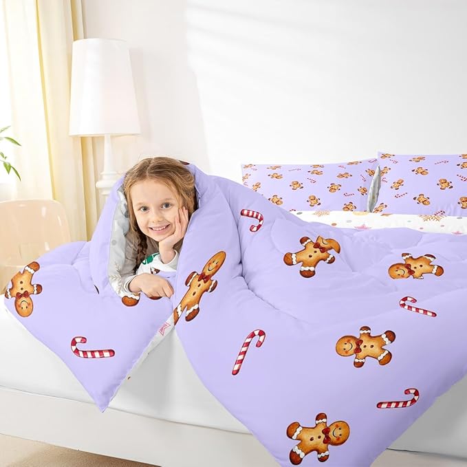 jejeloiu Kids Cute Gingerbread Man Comforter Set Full Size Christmas Theme Bedding Set for Boys Girls Teens Xmas Candy Cane Happy New Year Purple Duvet Quilt Room Decor