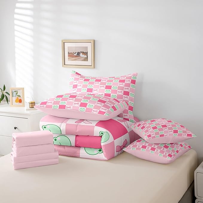 7 Pieces Cartoon Frog Kids Comforter Set Queen,Pink Bowknot Bow Tie Butterfly Knot Bedding Set,Geometric Plaid Grid Patchwork Cute（Comforter+Fitted+Flat Sheet+2 Pillowcases+2 Throw Pillow Covers）