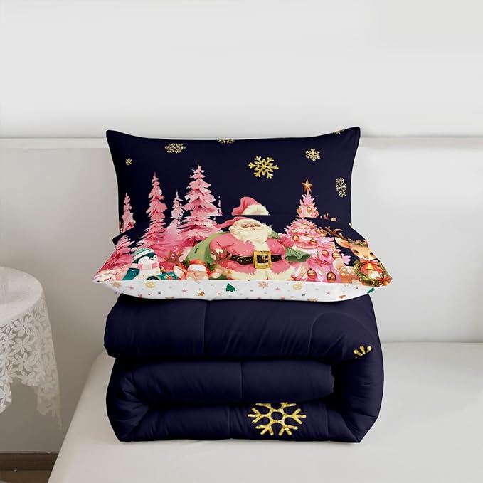 jejeloiu Merry Christmas Comforter Set King Size Santa Claus Bedding Set for Kids Boys Girls Cute Deer Duvet Quilt Dark Blue Bedroom Decor