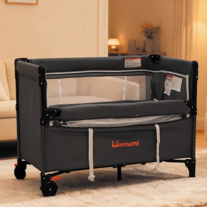 MTWML Portable Baby Bassinet,2 in1 Baby Playard and Bedside Crib with Wheel,1-Second Setup Foldable Playpen and Nursery Center with Travel Bag for Home or Travel Newborn to Toddler(Deep Grey)