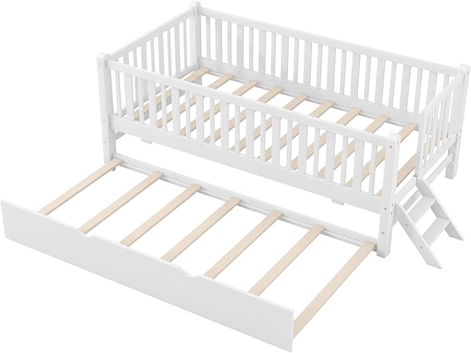 LUMISOL Twin Size Low Platform Bed Frame with Trundle, Wood Floor Bed with Ladder & Fence Guardrail for Kids Teens Girls Boys, No Box Spring Needed, White