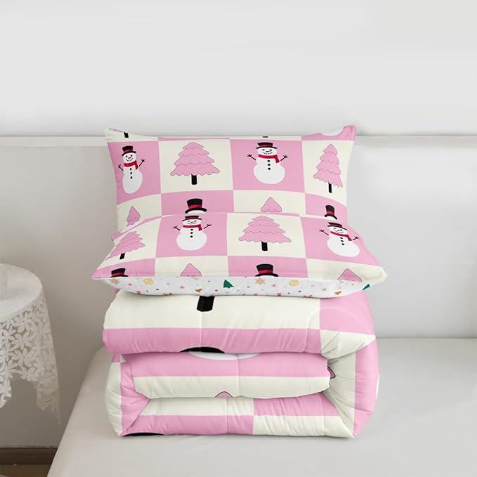 Feelyou Pink Christmas Kids Comforter Set King Size Snowman Bedding Set Xmas Tree Duvet Quilt for Kids Boys Girls Bedroom Decor Microfiber Ultra Soft Breathable