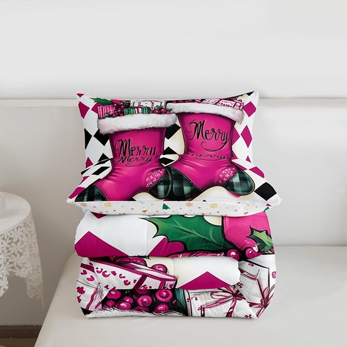 Feelyou Merry Christmas Comforter Set All Season Cartoon Shoes Bedding Set with 2 Pillow Cases Microfiber Kids Queen Bedclothes Winter Bedroom Decor Duvet Quilt Breathable Soft