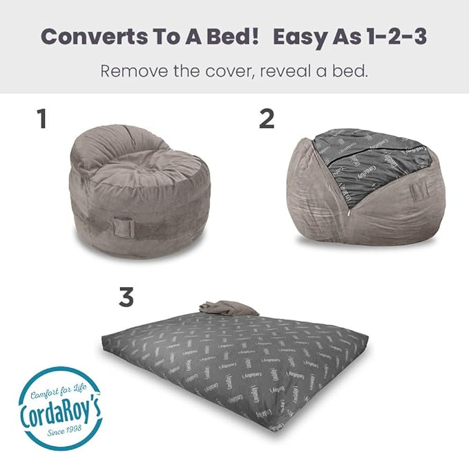 CordaRoy's NEST Gaming Bean Bag Chair-Convertible Bean Bag Chair -Washable Chenille Cover with Pockets for Remote,Controllers-for Living Room,Basement-Full Size-Charcoal|Made in The USA
