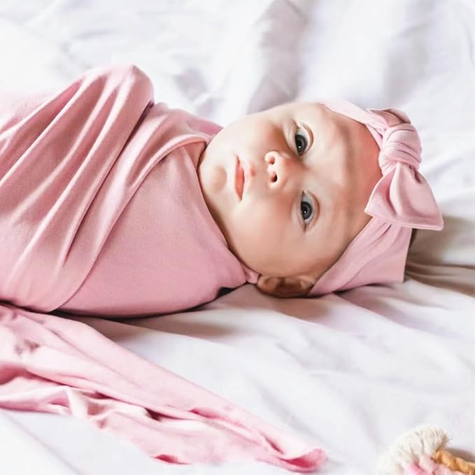 Newborn Swaddle Blanket with Hat Set Baby Swaddle Set Hospital Receiving Blankets for Girls Boys(Blush,35"*35")