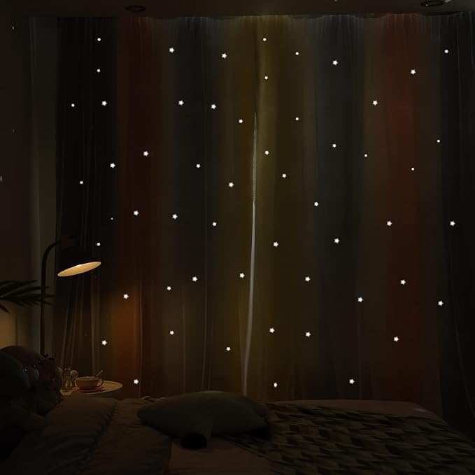 Kinryb Nursery/Kids/Girls Room Star Cut Out Blackout Rainbow Curtain with Sheer Overlay 2 Panels, Each 52 inch Wide,45 inch Length with White Gauze,Ombre Stripe Rainbow Curtains (2 Panels,52x45 Inch)