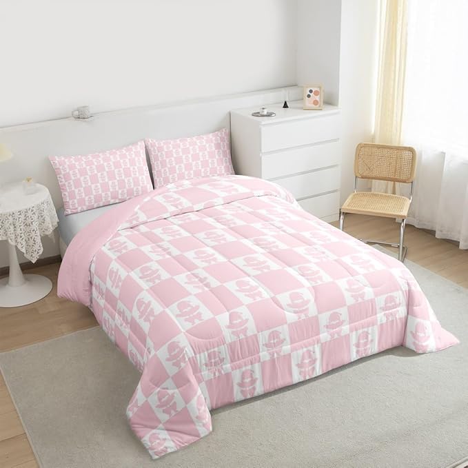 Feelyou Christmas Comforter Set All Season Checkered Bedding Set with 2 Pillow Cases Santa Claus Kids King Bedclothes Xmas Decorations Bedroom Decor Pink Duvet Quilt Breathable Soft Lightweight