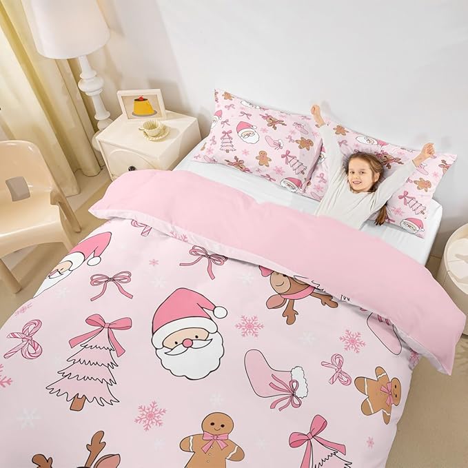 Feelyou Kids Pink Christmas Bedding Set King Size Merry Christmas Snowman Duvet Cover for Boys Girls Teens Bedroom Decor Santa Claus Comforter Cover Soft Microfiber Xmas Tree Deer with 2 Pillow Case