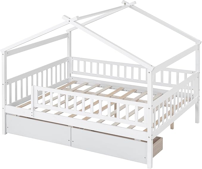 Full House Bed with 2 Storage Drawers, Kids Full Bed Frame with Rails and Roof, Tent Bed, Wooden Full Daybed, Full Montessori Bed for Kids Teens Girls & Boys, No Box Spring Needed (White)
