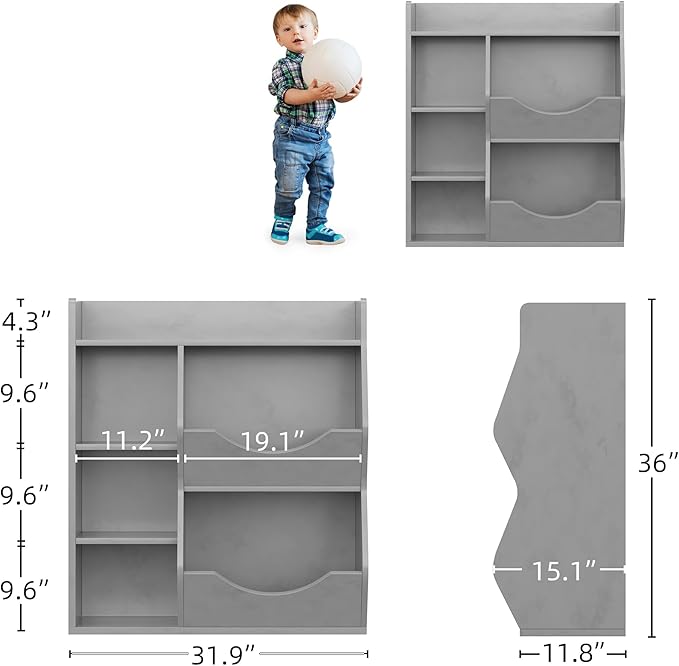 Kids Bookshelf, 32" 3-Tier Toy Storage Cabinet, Wooden Cube Storage Organizer with 5 Cubes and Spacious Top Shelf for Children's Room, Playroom, Hallway, Kindergarten, Bedroom, Playroom