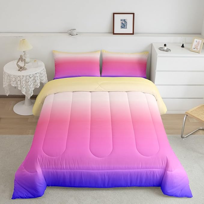 Feelyou Ombre Comforter Twin, Pink Purple Ombre Comforter Set for Boys Girls Rainbow Gradient Duvet Set 2Pcs