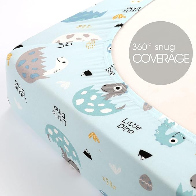 GRSSDER Stretchy Ultra Soft Jersey Knit Fitted Crib Sheets Set 2 Pack, Cozy Fits All Standard Crib Mattress Pads, Happy Dinosaurs Print for Boys and Girls