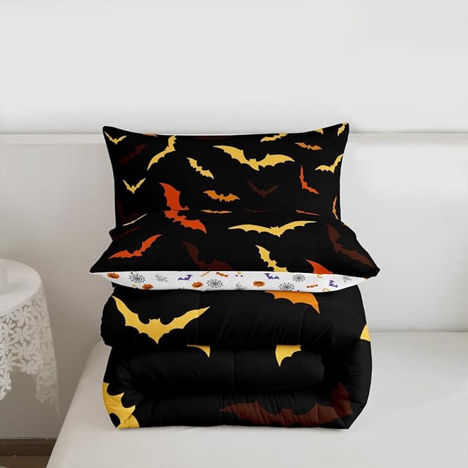 Erosebridal Bat Comforter Set for Kids Halloween Quilt Bats Animal Silhouette Bedding Set King Size Happy Holiday Gothic Style Bedding Comforter Sets with 2 Pillow Cases,Yellow and Orange