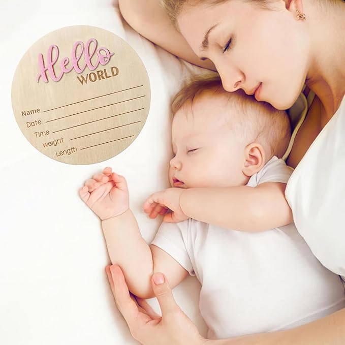 Baby Announcement Sign, 5.9 Inch Wooden Hello World Newborn Signs, Birth Announcement Sign, Baby Shower Hospital Nursery for Newborn Boys and Girls (Pink,Pen)