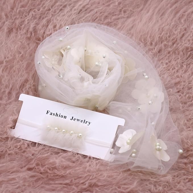 Newborn Baby Photography Props Blanket, Baby Photo Props Pearl Wrap Blanket Headband for Baby Boys Girls Photoshoot (White)