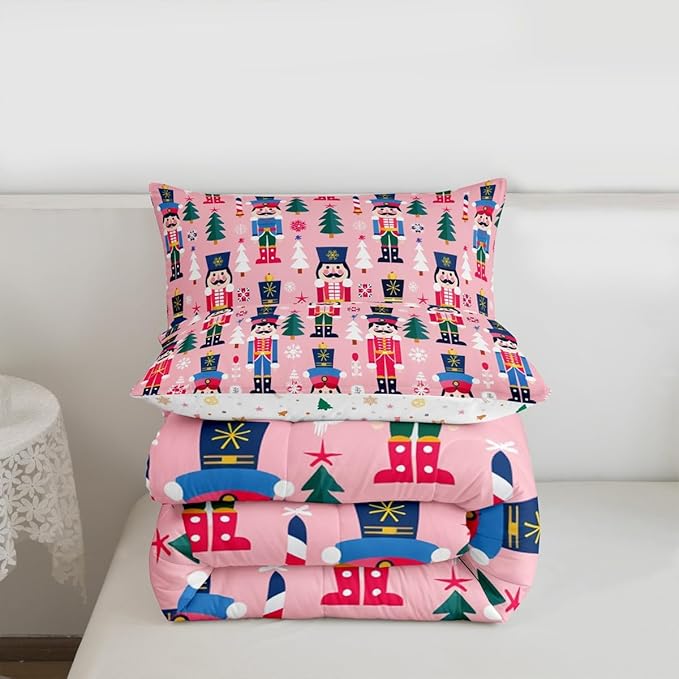 Feelyou Cute Nutcracker Kids Comforter Set Queen Christmas Tree Bedding Set Xmas Snowflake Duvet Quilt for Kids Boys Girls Bedroom Colorful Soldier Decor Candy-Cane Designs Microfiber Soft Breathable