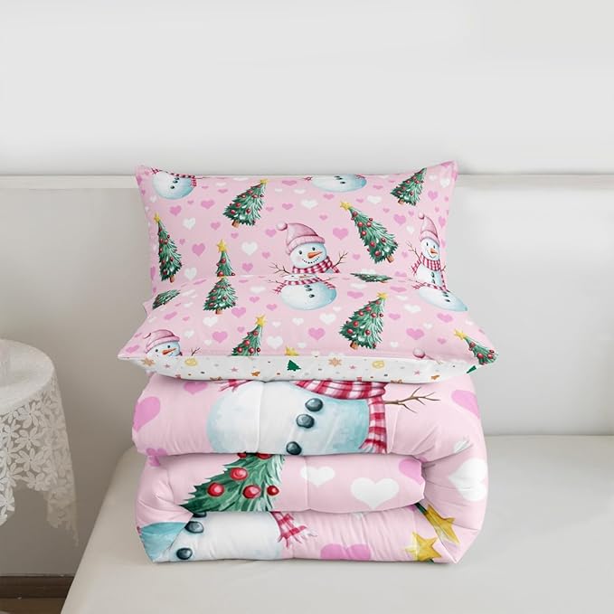 Feelyou Merry Christmas Comforter Set All Season Cute Snowman Bedding Set with 2 Pillow Cases Christmas Tree Microfiber Kids Queen Bedclothes Love Hearts Duvet Quilt Breathable Soft Lightweight