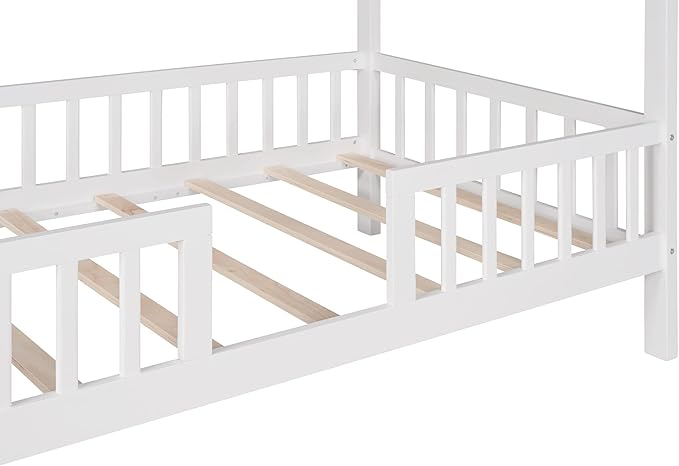 Bellemave Twin House BedFrame with Roof, Montessori Floor Bed, House Bed with Rails for Kids, White