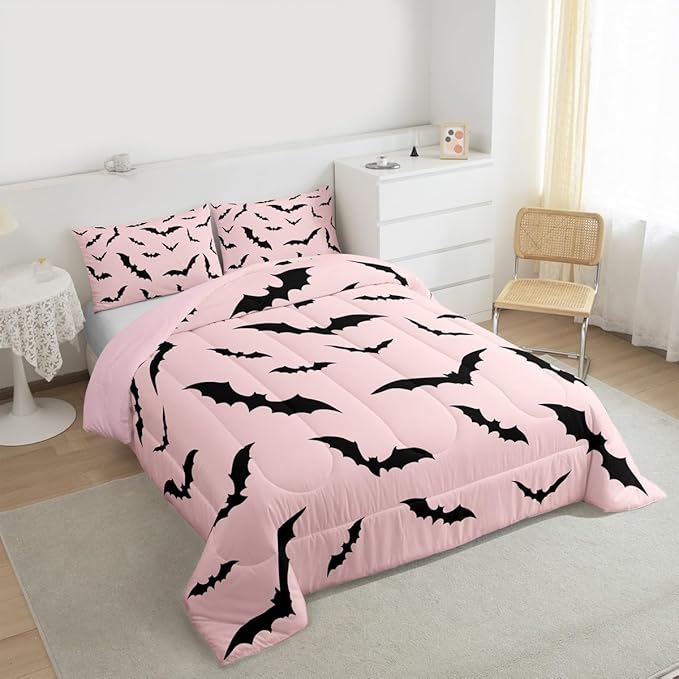 Erosebridal Pink Halloween Bedding Set Gothic Bats Comforter Set Toddler Size,Spooky Halloween Decor Quilt for Kids Boys Girls Adults Black Pink Goth Themed Duvet Insert,Goth Horror Animal