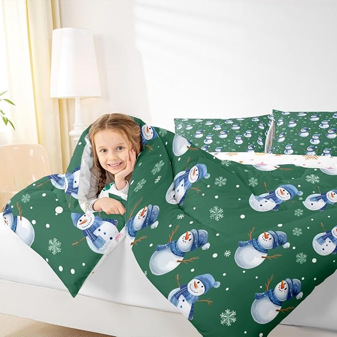 jejeloiu Kids Cute Winter Snowman Comforter Set Full Size Green Christmas Theme Bedding Set for Boys Girls Teens Xmas Snowflake Happy New Year Duvet Quilt Room Decor